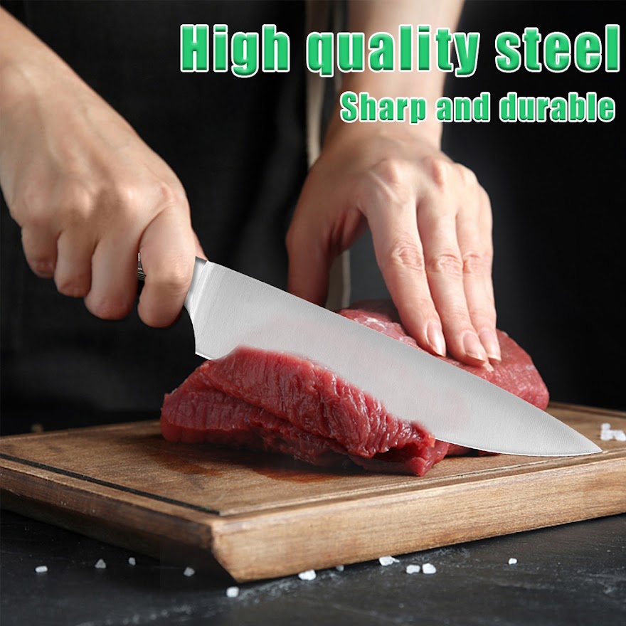 14 pcs WOODEN BLOCK Self-Sharpening Knife Set with Block, Chef Knife, Bread Knife, Steak Knife Set, Stainless Steel