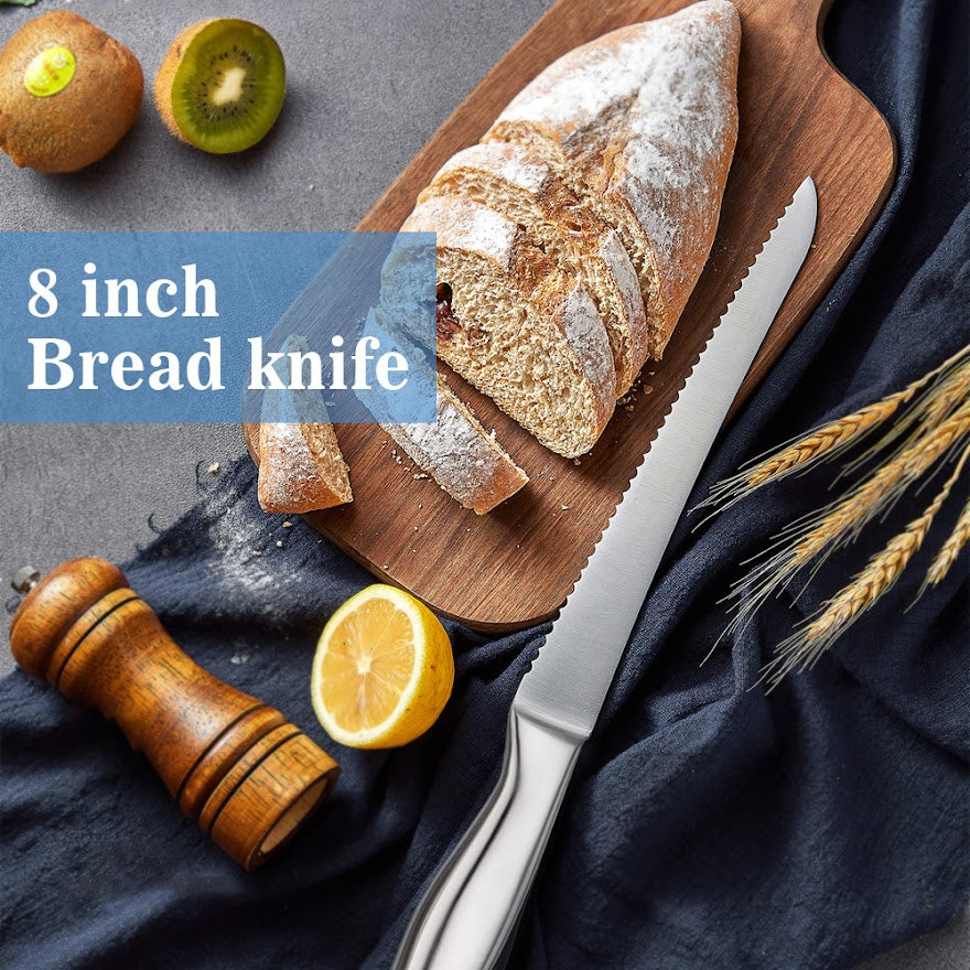 14 pcs WOODEN BLOCK Self-Sharpening Knife Set with Block, Chef Knife, Bread Knife, Steak Knife Set, Stainless Steel