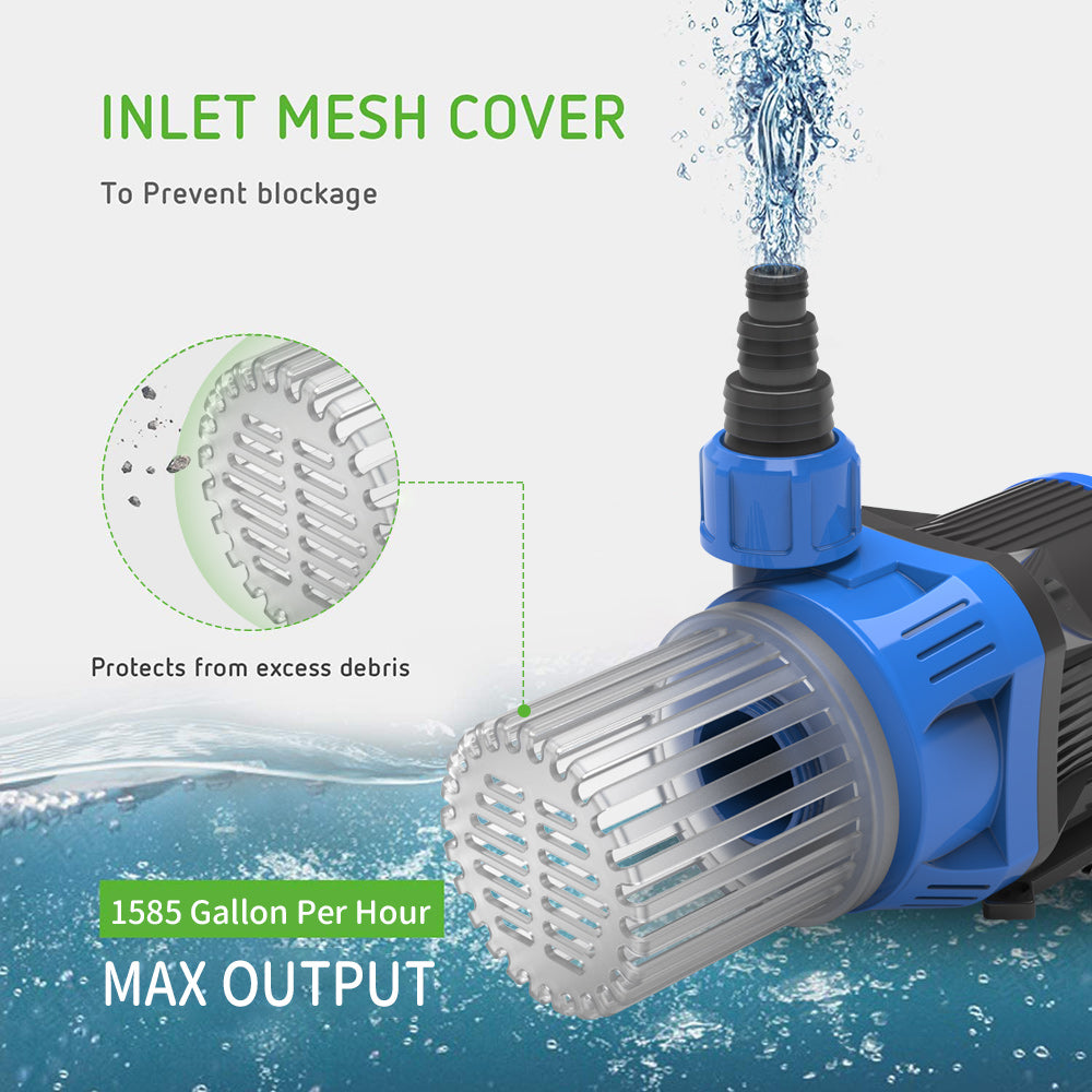 Variable Water Pump, Aquariums Ultra Quiet Circulation Amphibious Pump for Aquarium, Fish Tank, Pond and Fountain, - 1585GPH
