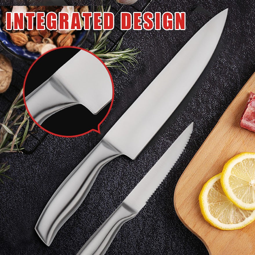 14 pcs WOODEN BLOCK Self-Sharpening Knife Set with Block, Chef Knife, Bread Knife, Steak Knife Set, Stainless Steel