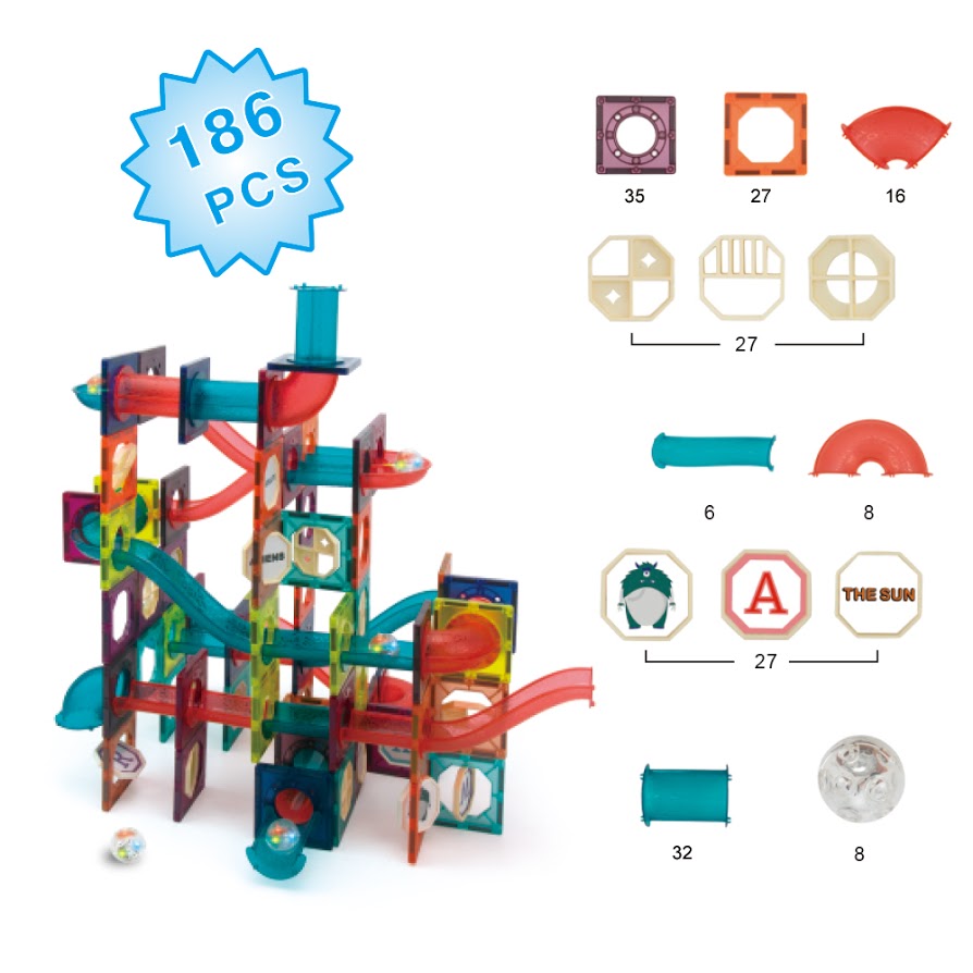 Hillo 186 pcs Marble Run Transparent Magnetic Tiles Race Track, Magnetic Building Blocks Stem Home Learning Blocks Toy Play Set for Cultivating Creativity Imagination, Hand-on Ability and Intelligence