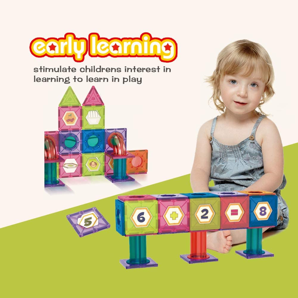 Hillo 186 pcs Marble Run Transparent Magnetic Tiles Race Track, Magnetic Building Blocks Stem Home Learning Blocks Toy Play Set for Cultivating Creativity Imagination, Hand-on Ability and Intelligence