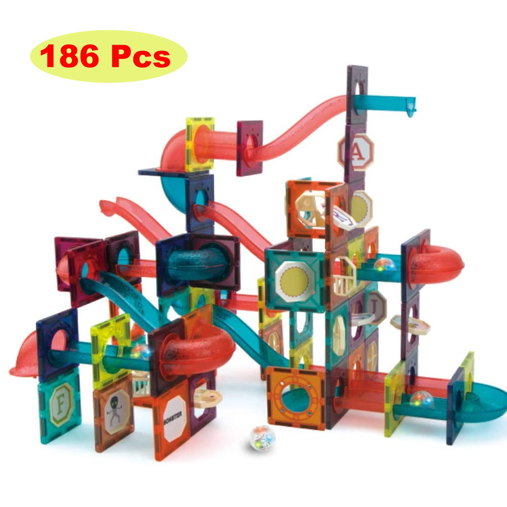 Hillo 186 pcs Marble Run Transparent Magnetic Tiles Race Track, Magnetic Building Blocks Stem Home Learning Blocks Toy Play Set for Cultivating Creativity Imagination, Hand-on Ability and Intelligence
