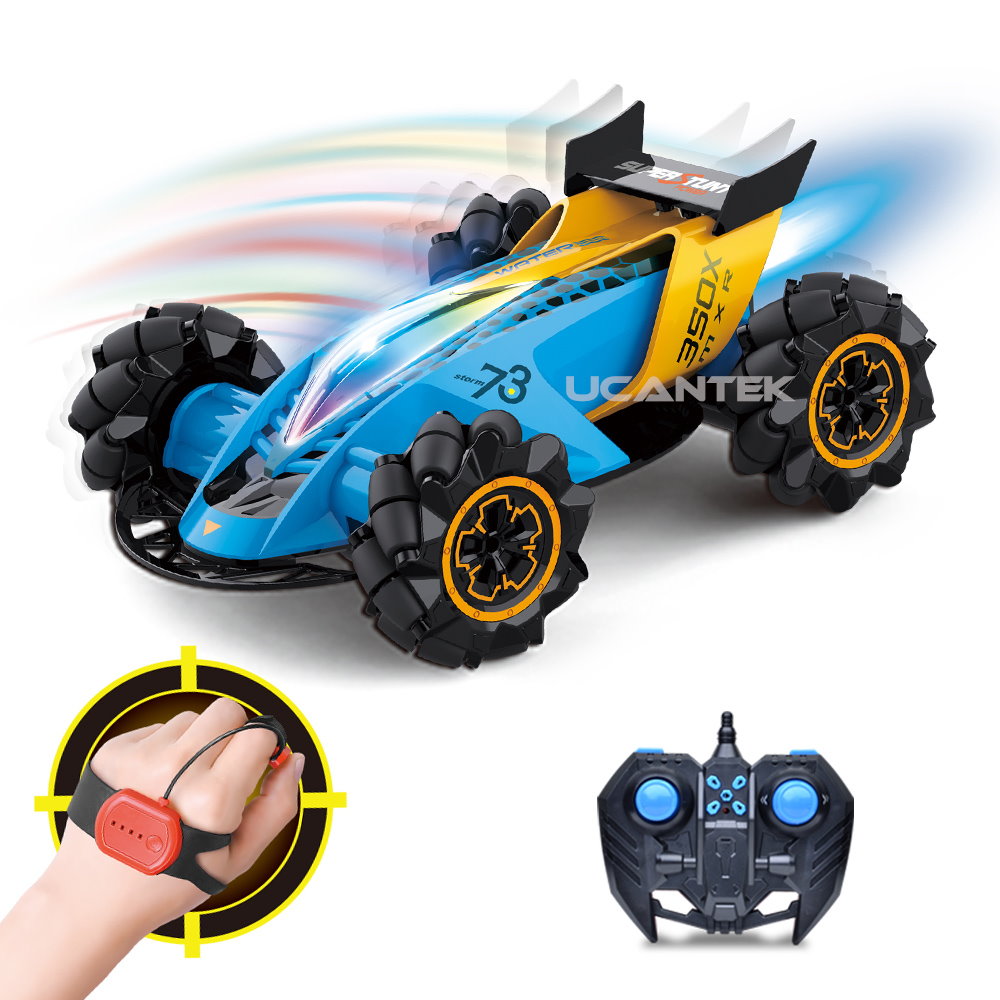 HILLO 2.4G RC Drift Stunt Car 4WD Multi-Direction LED High Speed Off-Road Vehicle With Tail Glowing Water Vapor Jet - Handle Remote Control And Watch Style Gravity Remote Control Included (Blue)