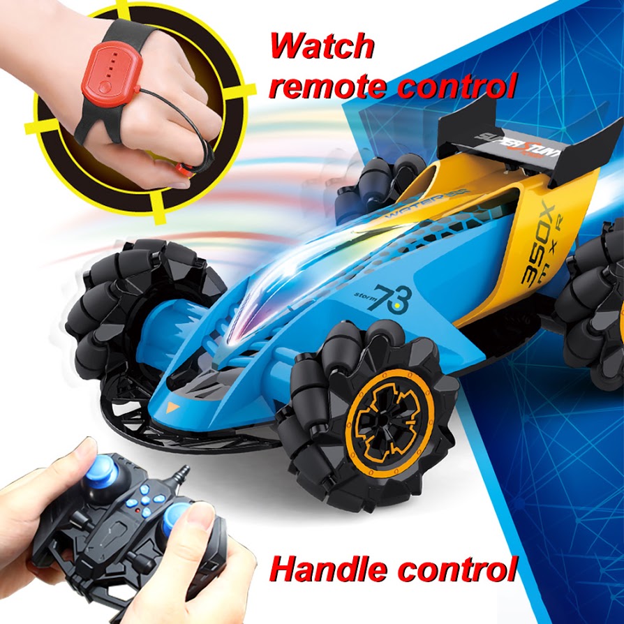 HILLO 2.4G RC Drift Stunt Car 4WD Multi-Direction LED High Speed Off-Road Vehicle With Tail Glowing Water Vapor Jet - Handle Remote Control And Watch Style Gravity Remote Control Included (Blue)