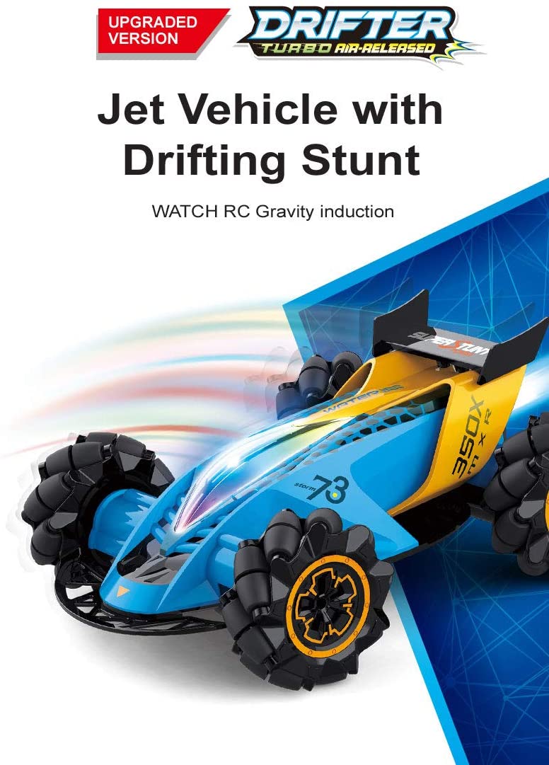 HILLO 2.4G RC Drift Stunt Car 4WD Multi-Direction LED High Speed Off-Road Vehicle With Tail Glowing Water Vapor Jet - Handle Remote Control And Watch Style Gravity Remote Control Included (Blue)