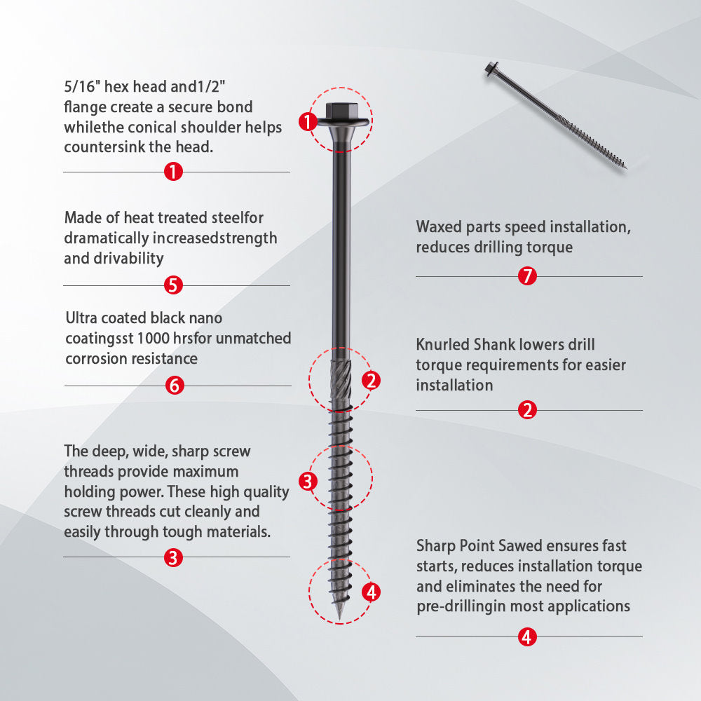 KAPAS Timber/Log/Landscaping/Deck Framing Wood Screws #14 1/4 X 12” Hex Head, Hardened Steel , Black NANO 1000hrs + Wax Exterior Coated Heavy Duty Screws (50 Count Pkg - with 5/16 inch drive bit)