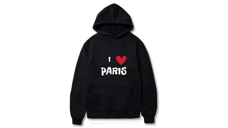 I Love Paris Design. Ezwear Casual Hooded Sweatshirts, Long Sleeve Pullovers with Drawstring, Slight Stretch, Solid Color, Loose Fit,Daily Wear-Summer-Winter, 60% Cotton 40% Polyester, provide hoodies for McDonald's in the US