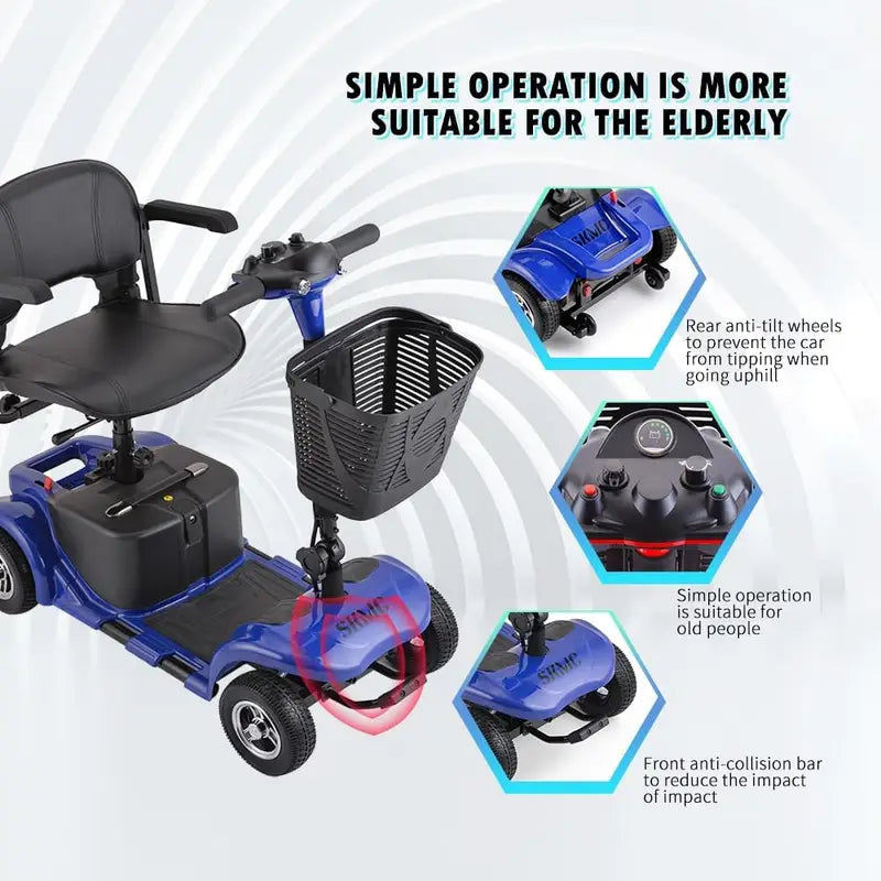 Electric Mobility Scooter for Adults, Senior, 4 Wheels Electric Powered Chargeable Device for Travel, Lightweight and Portable, with LED Headlights and Basket, Charger Included