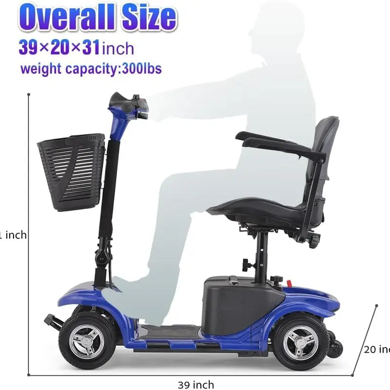 Electric Mobility Scooter for Adults, Senior, 4 Wheels Electric Powered Chargeable Device for Travel, Lightweight and Portable, with LED Headlights and Basket, Charger Included