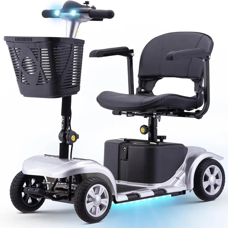 Electric Mobility Scooter for Adults, Senior, 4 Wheels Electric Powered Chargeable Device for Travel, Lightweight and Portable, with LED Headlights and Basket, Charger Included