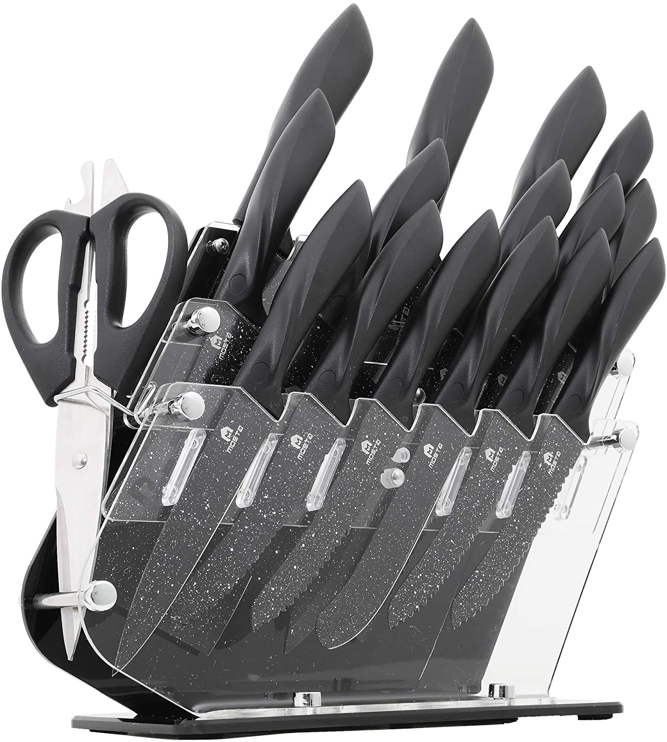 MOSTA Ceramic Coated Knife Block Set with 16Pcs Kitchen Knives, Chef Knife, Bread Knife, Steak Knife, Chopper Knife, Butter Knives, Cheese Knife, Pizza Knife, Acrylic Stand, Scissors