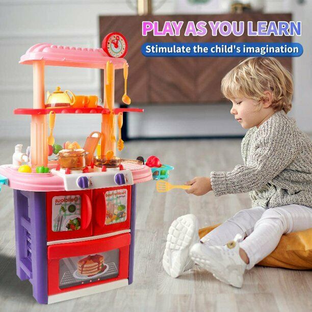 HILLO BBQ & Kitchen Playset for Kids, Double Side Cooking Accessories Set Pink