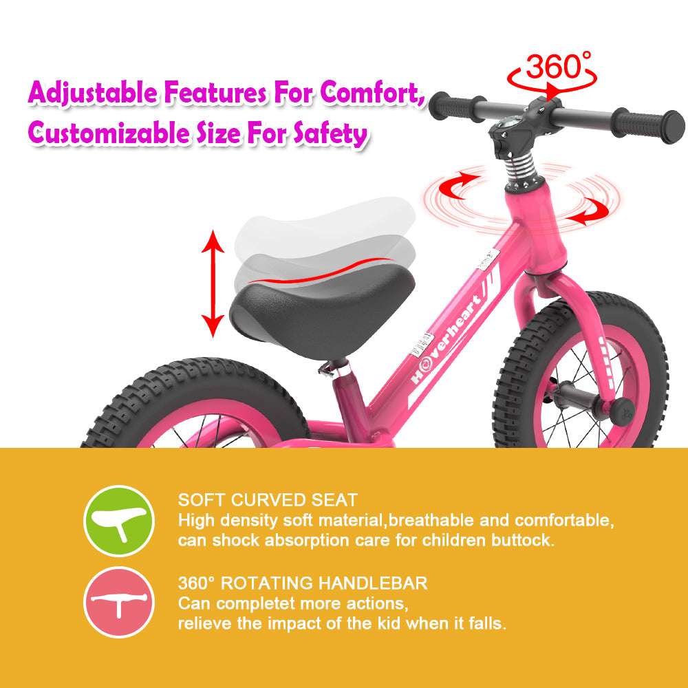 HOVER HEART Lightweight Kid's Balance Bike, 12'' Sports Balance Bike for Toddlers 18~48 Months, 2~4 Years Old with Adjustable seat and Absorbing Pneumatic Tire (Pink)