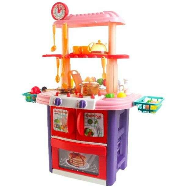 HILLO BBQ & Kitchen Playset for Kids, Double Side Cooking Accessories Set Pink