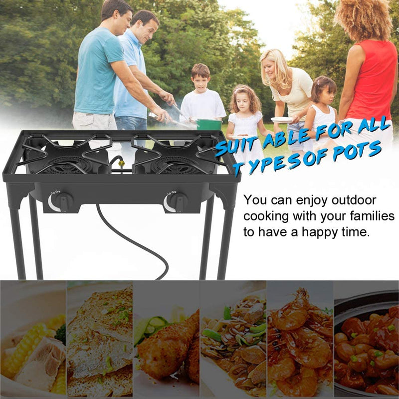 Kapas Outdoor & Indoor Portable Propane Stove, Single & Double Burners with Gas Premium Hose, Detachable Legs for Backyard Kitchen, Camping Grill, Hiking Cooking, Outdoor Recreation (DB02-Large,2 Burners)