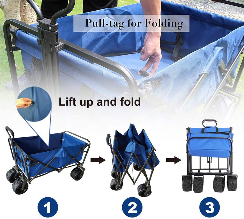 KAPAS Outdoor Collapsible Folding Utility Wagon with Universal 360° All-Terrain Wheels for Shopping, Garden, Park Picnic and Beach Camping