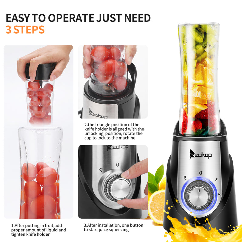 Mini Smoothie & Juice Blender, Three-speed Mechanical, Personal Size Blender for Shakes and Smoothies, Single Serve Blender with 2*600ml Tritan BPA-Free Cups 350W