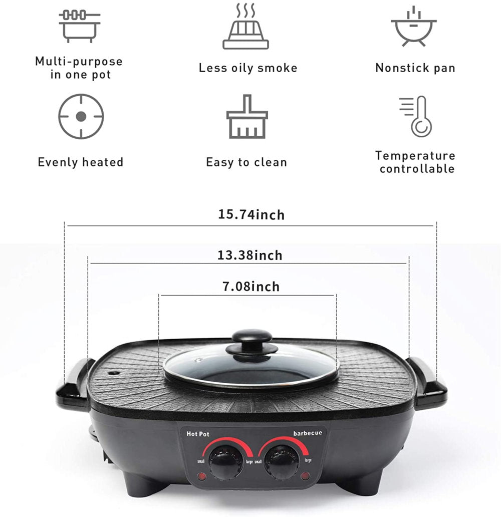 Kapas Multifunctional Electric Hot pot with Square Smokeless BBQ grill, Electric Baking Tray is Convenient and Stylish-One-Piece shabu-shabu