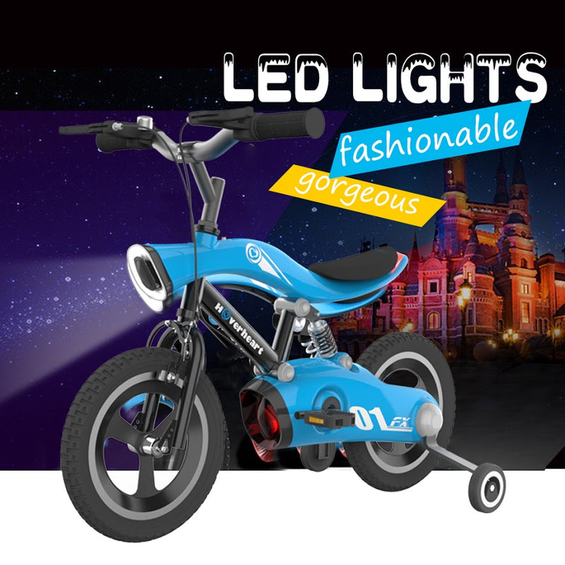 Hoverheart 12” inch Wheels Aluminum Alloy Children's Bicycle with LED Night Light Spring Fork Motocross Bike For 4~8 Years Oid Kids (Blue)