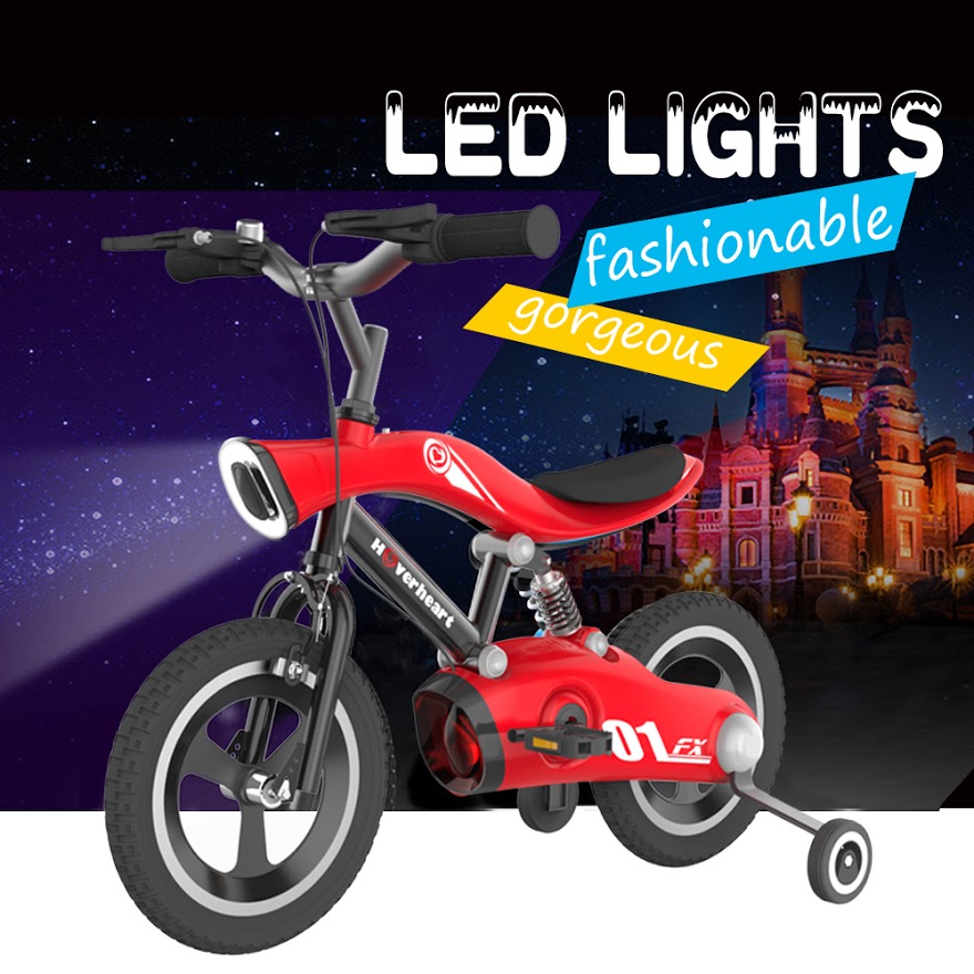 Hoverheart 12” inch Wheels Aluminum Alloy Children's Bicycle with LED Night Light Spring Fork Motocross Bike For 4~8 Years Old Kids (Red)