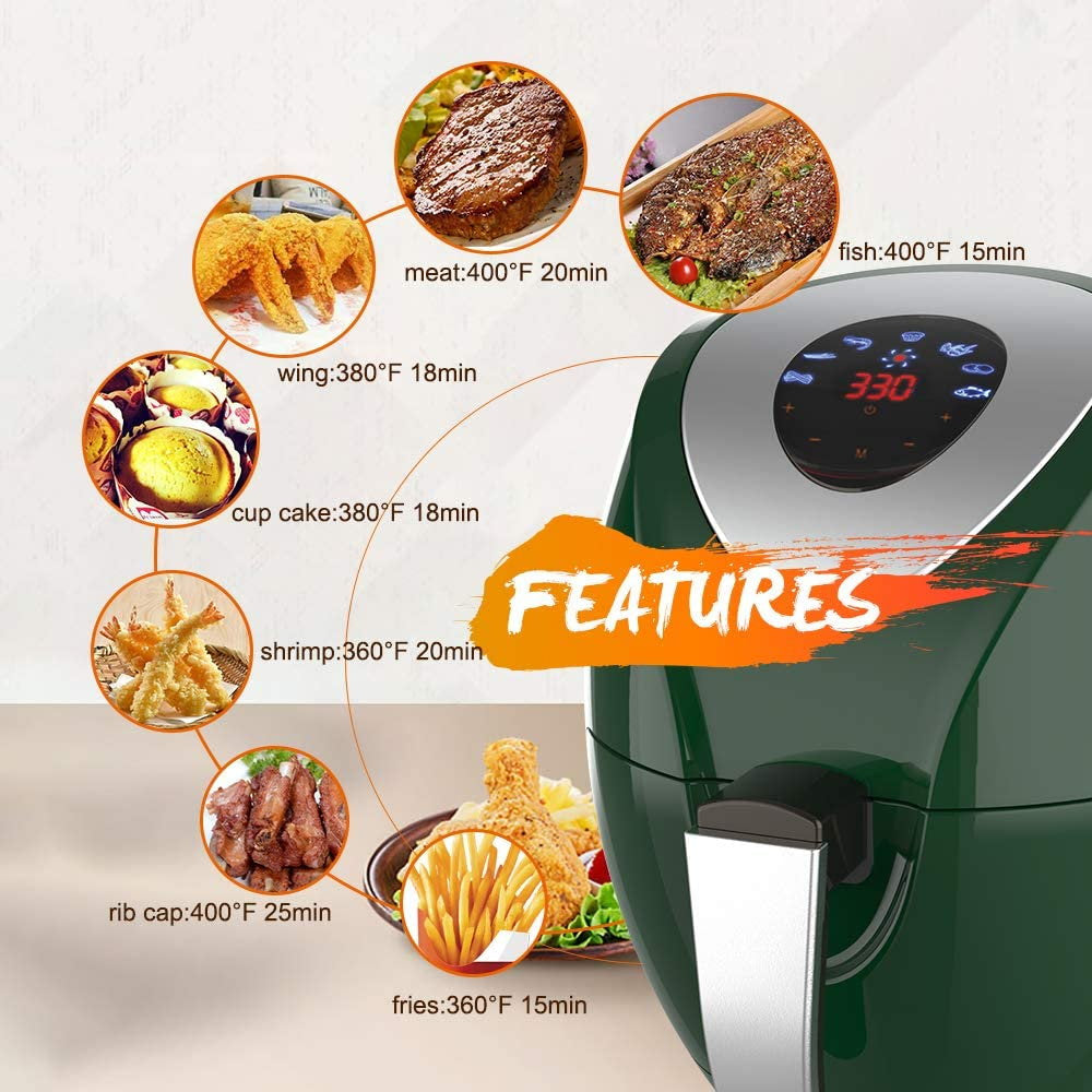 KAPAS Electric Air Fryer, 6.8 Quarts, 6.5 Litre Capacity and 7-in-1 One-Touch Screen Cook Presets with Additional Accessory (Green)