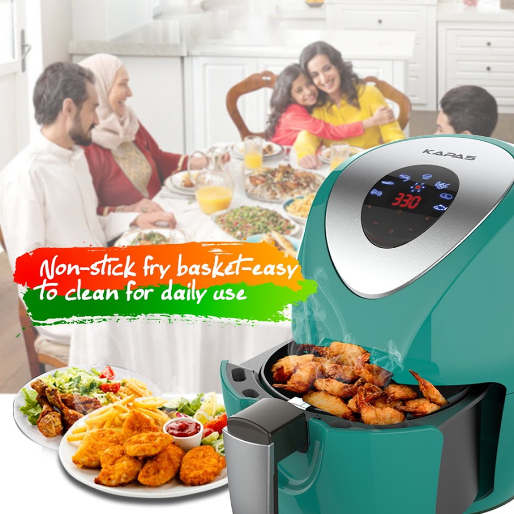 KAPAS Electric Air Fryer, 6.8 Quarts, 6.5 Litre Capacity and 7-in-1 One-Touch Screen Cook Presets with Additional Accessory Turquoise