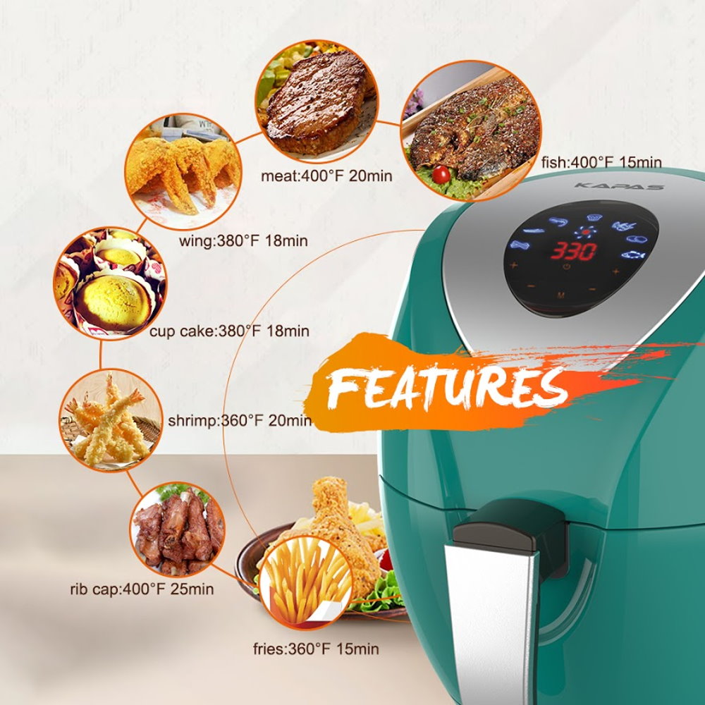 KAPAS Electric Air Fryer, 6.8 Quarts, 6.5 Litre Capacity and 7-in-1 One-Touch Screen Cook Presets with Additional Accessory Turquoise