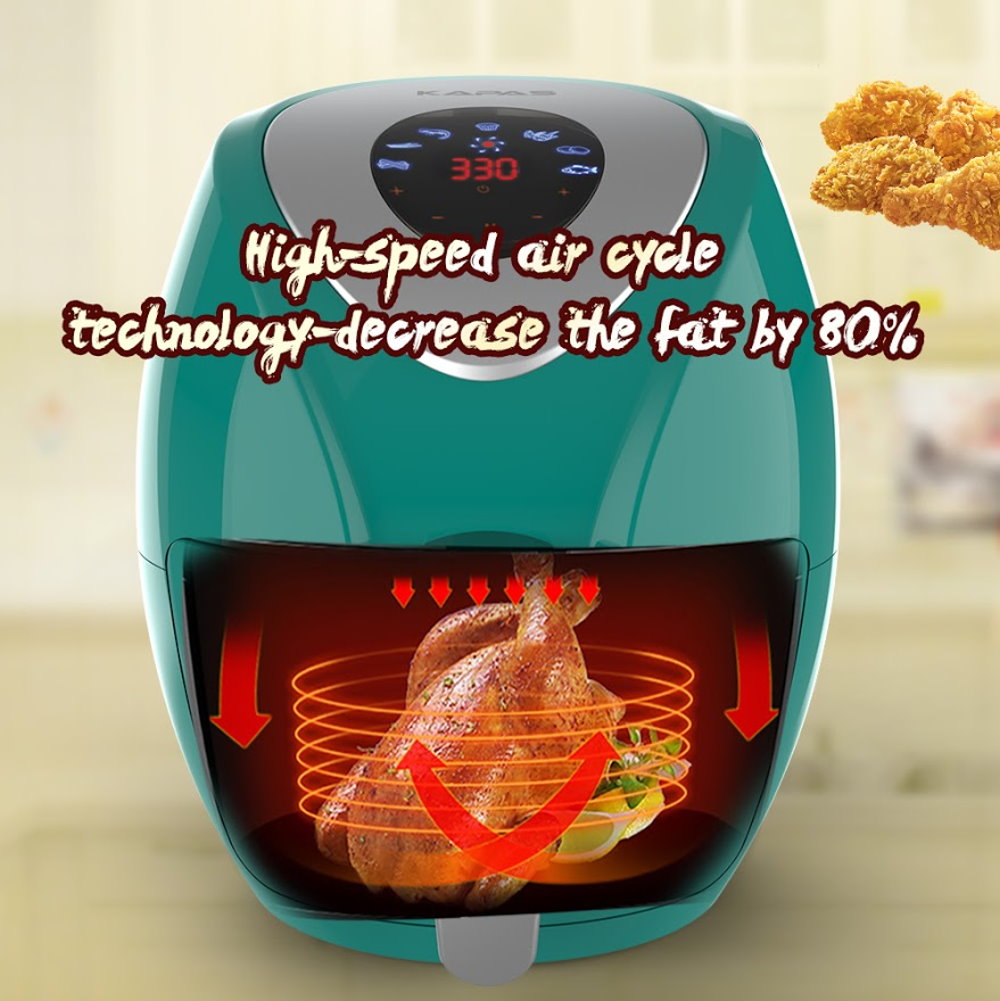 KAPAS Electric Air Fryer, 6.8 Quarts, 6.5 Litre Capacity and 7-in-1 One-Touch Screen Cook Presets with Additional Accessory Turquoise