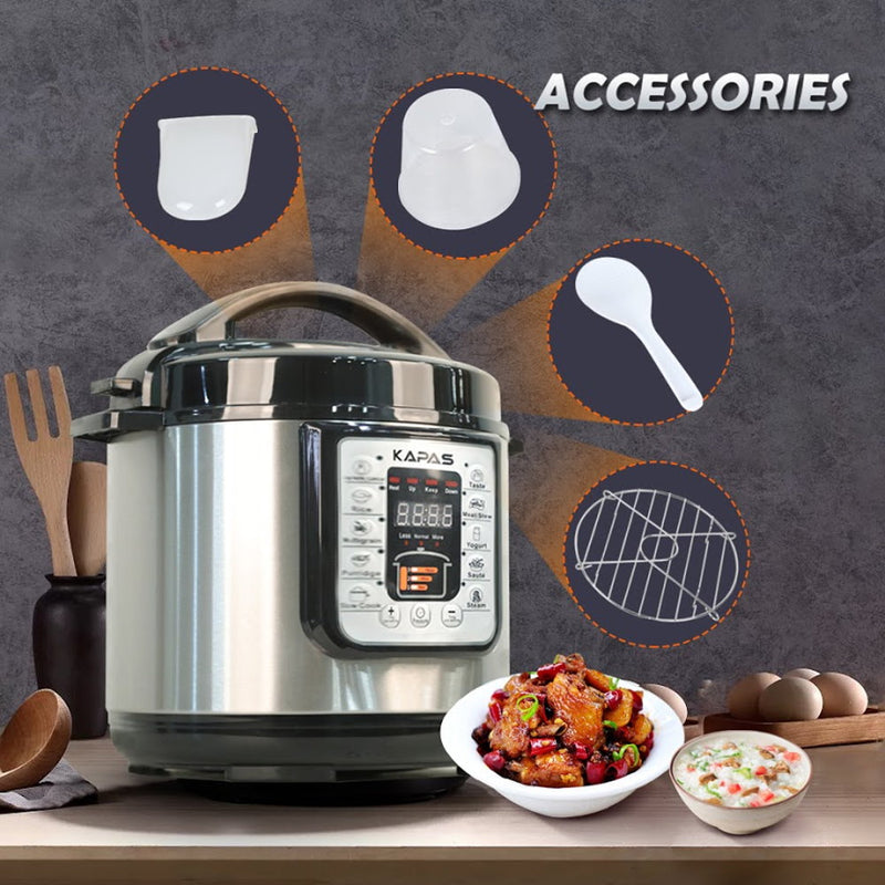 KAPAS Smart Electric Pressure Cooker, 6.4 Qt 10-in-1 Multi-Use Slow Cooker with Cooking Accessory for Delicous Food Rice, Multigrain, Porridge, Meat/Stew, Yogurt, Cake and Warm, Steam, Saute