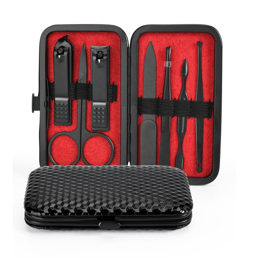 MOSTA Manicure Set, Stainless Steel Professional Pedicure Kit Nail Scissors Grooming Kit with Leather Travel Case (7pcs-black)