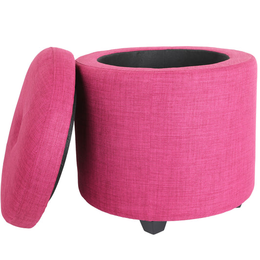 CASANINA Fabric Cushion Round Button Tufted Big and Deep Cylinder Storage Ottoman Footstool with Removable Top Lid