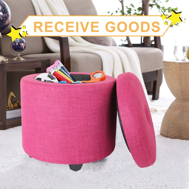 CASANINA Fabric Cushion Round Button Tufted Big and Deep Cylinder Storage Ottoman Footstool with Removable Top Lid