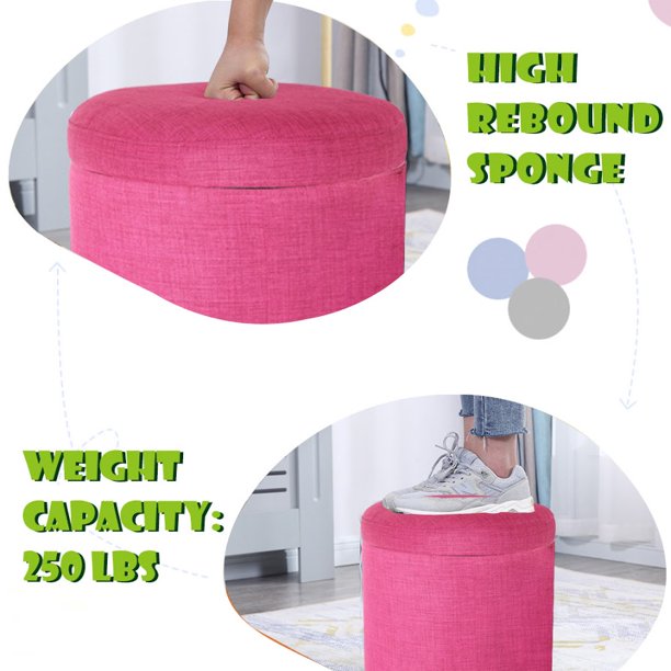 CASANINA Fabric Cushion Round Button Tufted Big and Deep Cylinder Storage Ottoman Footstool with Removable Top Lid