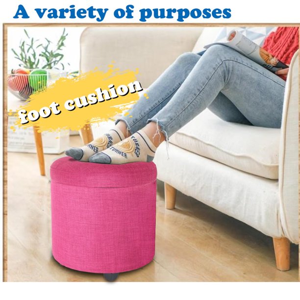 CASANINA Fabric Cushion Round Button Tufted Big and Deep Cylinder Storage Ottoman Footstool with Removable Top Lid
