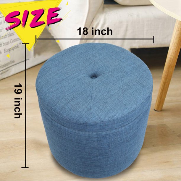 CASANINA Fabric Cushion Round Button Tufted Big and Deep Cylinder Storage Ottoman Footstool with Removable Top Lid