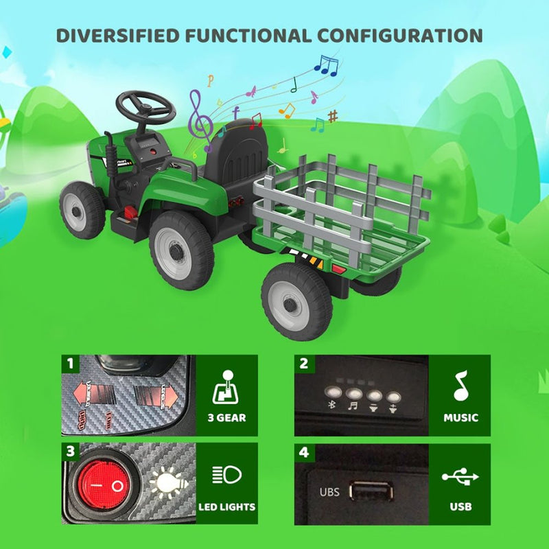 HOVER HEART Electric Tractor 12V Ride-On Toys with Trailer, Music, Manual Gear Shift and Remote Control (Green)