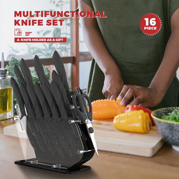 MOSTA Ceramic Coated Knife Block Set with 16Pcs Kitchen Knives, Chef Knife, Bread Knife, Steak Knife, Chopper Knife, Butter Knives, Cheese Knife, Pizza Knife, Acrylic Stand, Scissors