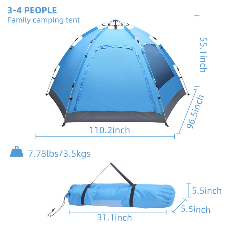 Waterproof Instant Pop Up Camping Tent , 3-4 Person Easy Quick Setup Dome Family Tents for Camping, Double Layer Flysheet Can be Used as Pop up Sun Shade